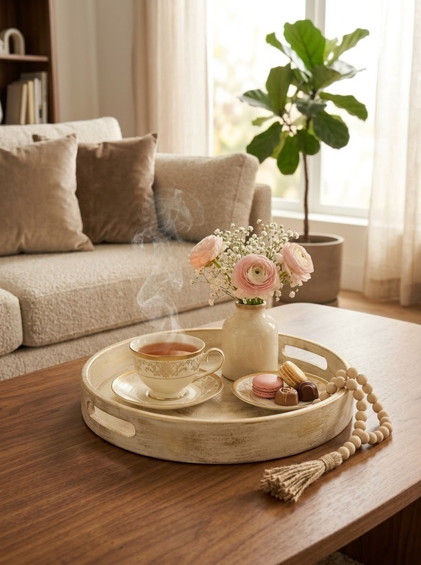 سینی چوبی گرد دسته دار پذیرایی