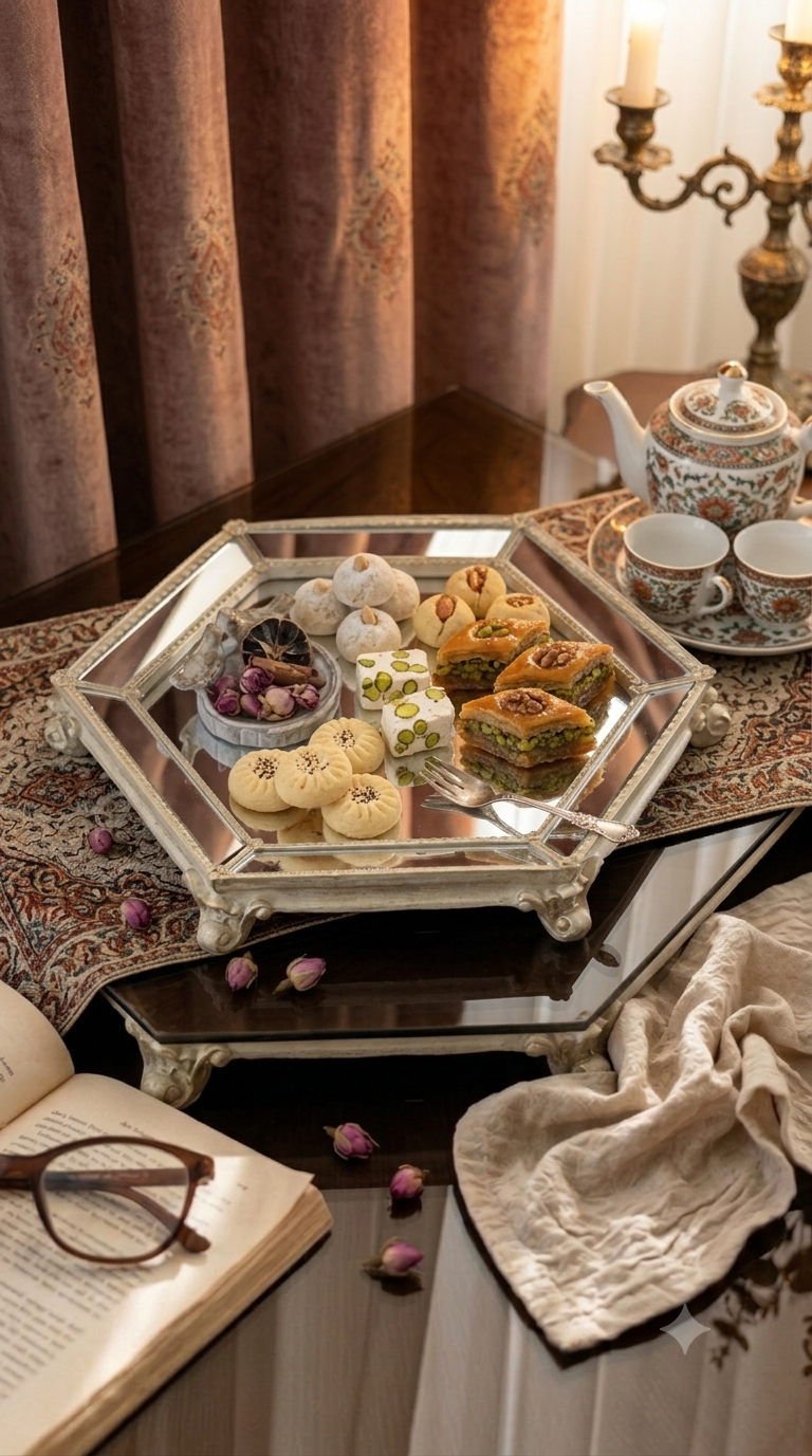 سینی پذیرایی  دور آینه‌ی شش ضلعی
